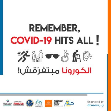 Campaign logo of "Remeber, Covid-19 hits all" with sketches aof different groups of people, impaired and not. 